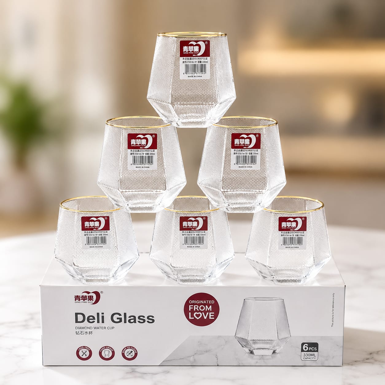 330ml clear diamond shape drinking glass, premium glass tumbler for water, juice, soft drinks, and everyday beverages with an elegant crystal-clear design.