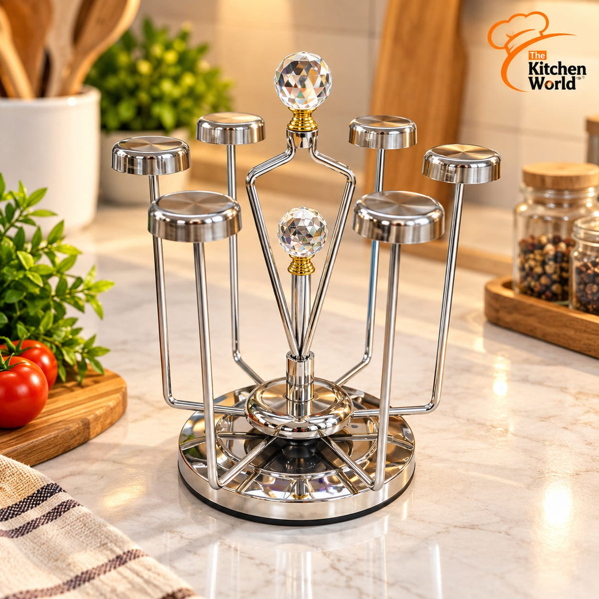 Premium quality rotating glass stand for organizing and displaying glassware in the kitchen or dining area.