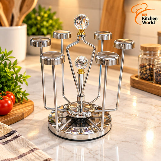 Premium quality rotating glass stand for organizing and displaying glassware in the kitchen or dining area.