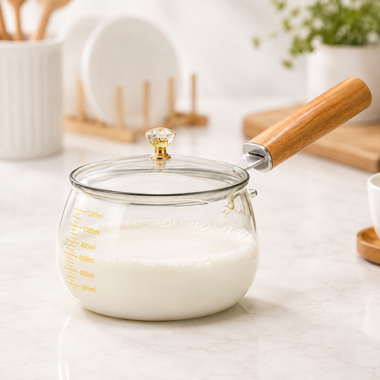 800ml high borosilicate glass milk pot with wooden handle
