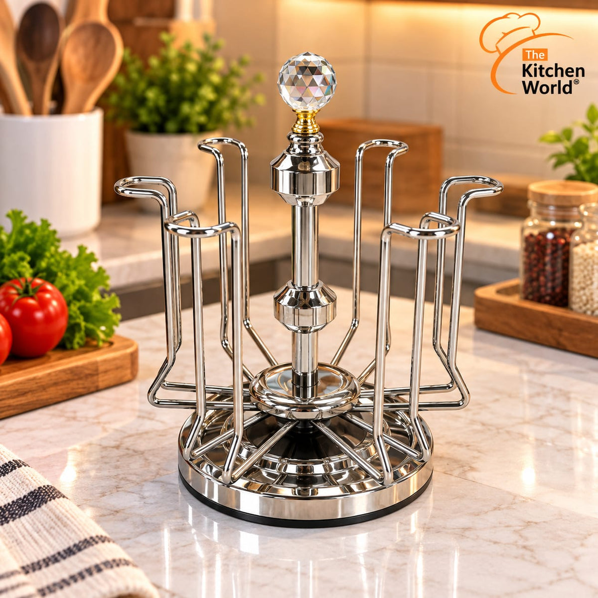 Premium quality rotating glass stand for organizing and displaying glassware in the kitchen or dining area.
