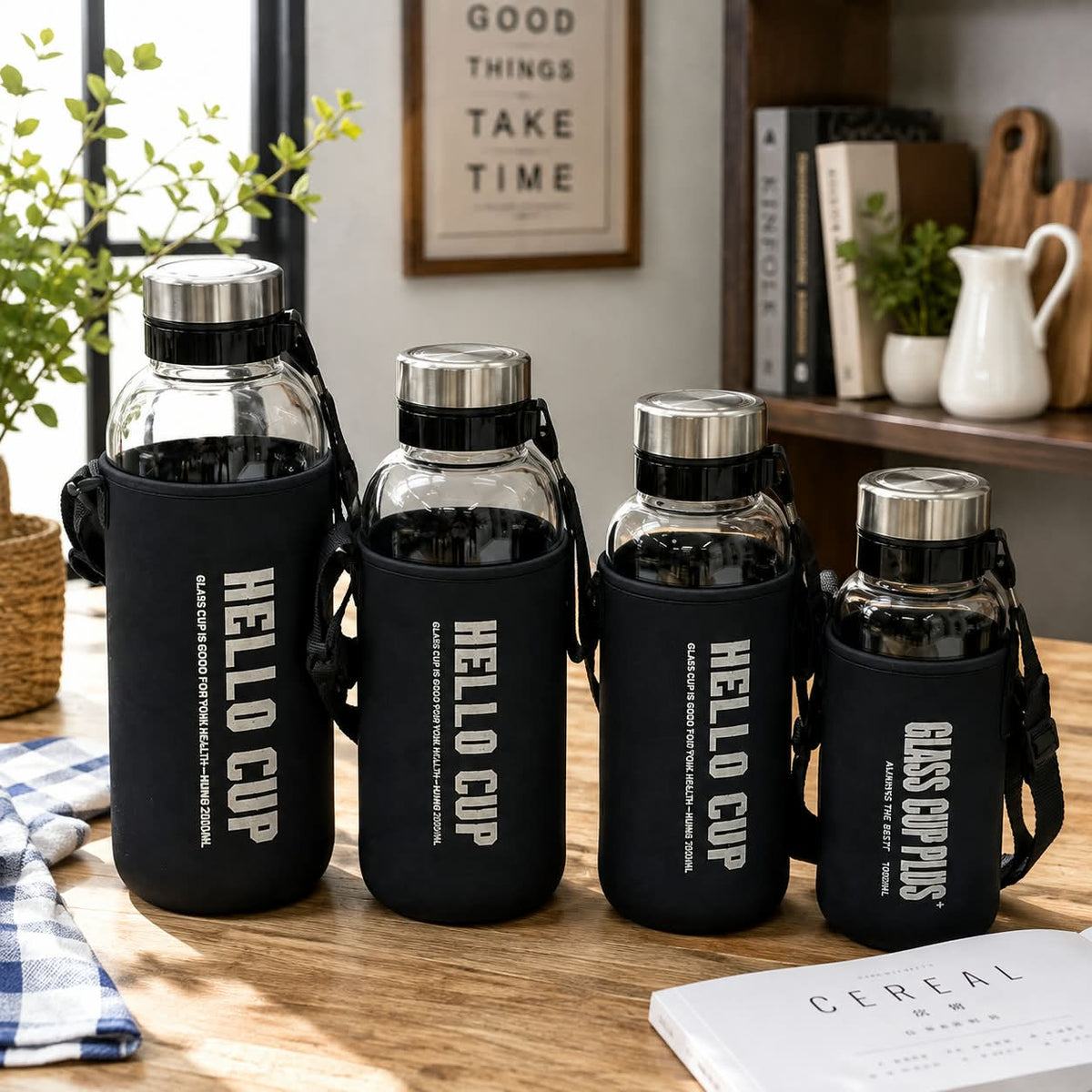 Large capacity reusable water bottle with protective cover, ideal for home, office, gym, sports, travel and outdoor activities.