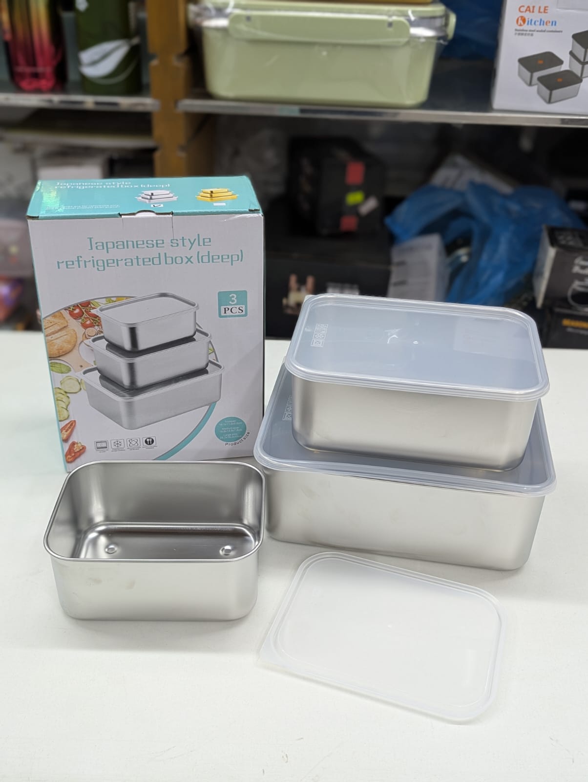 3 piece stainless steel food storage container set with airtight fiber lids,