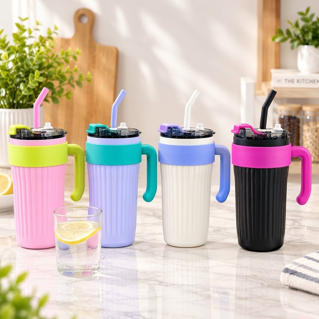850ml large capacity tumbler with straw and long handle