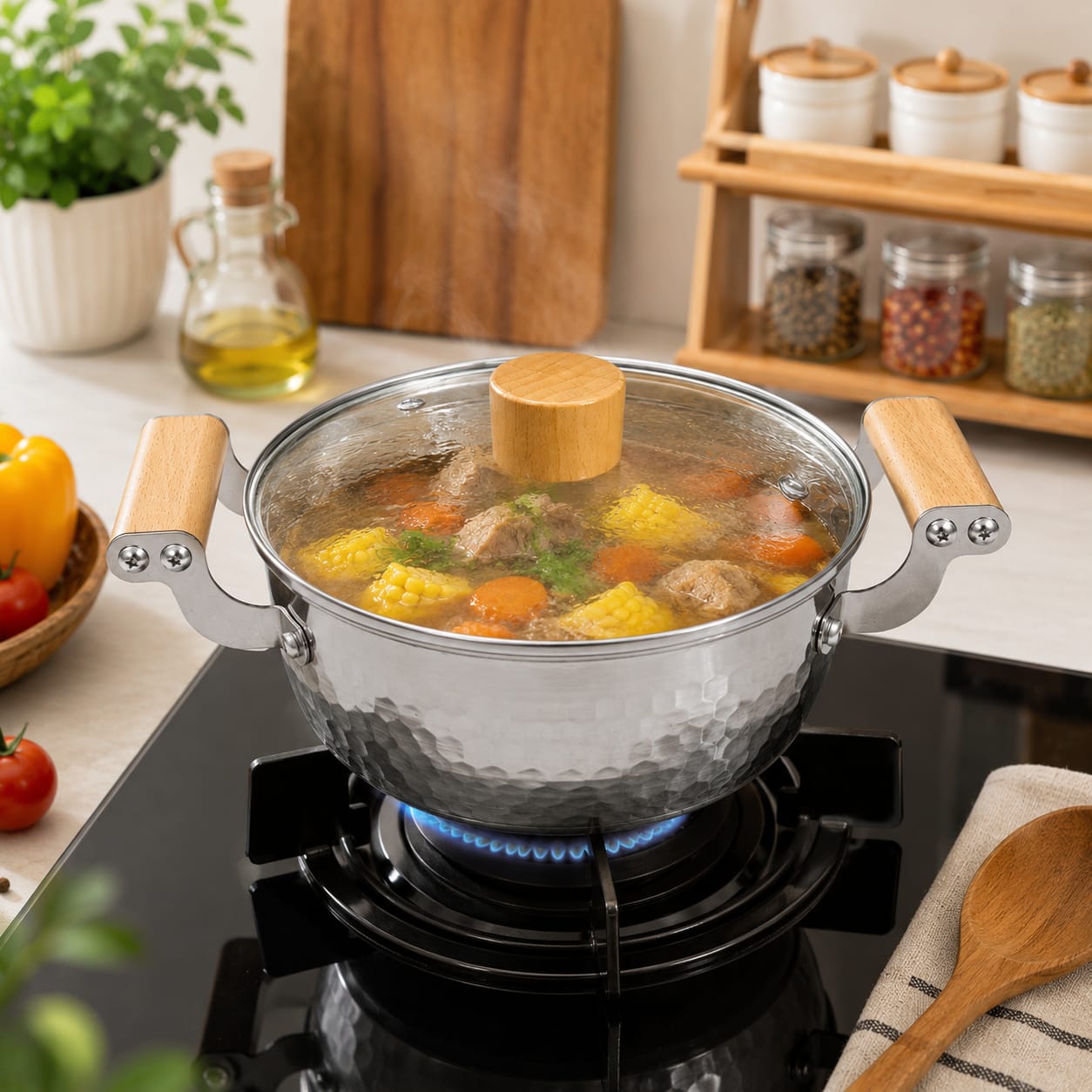 Japanese style hammered snow pan with wooden handle available in 18cm, 20cm, and 22cm sizes, ideal for cooking soup, noodles, milk, sauces, and everyday meals.