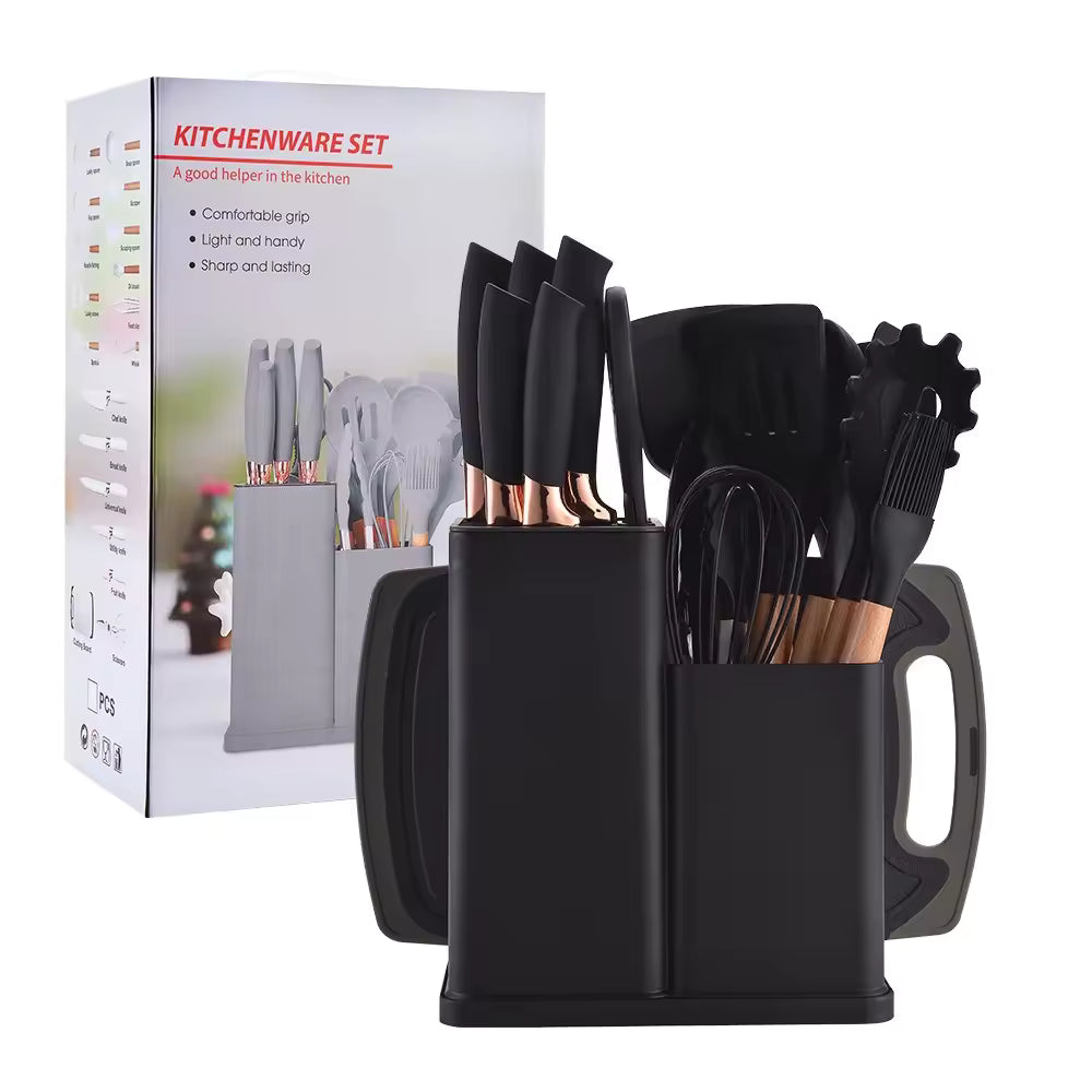 19-piece silicone kitchen utensil set with wooden handles