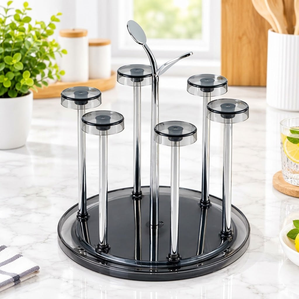A 5-piece glass wine glass holder set with a round black base, five clear glass stems, and a central metal wine server, displayed on a white marble kitchen countertop.