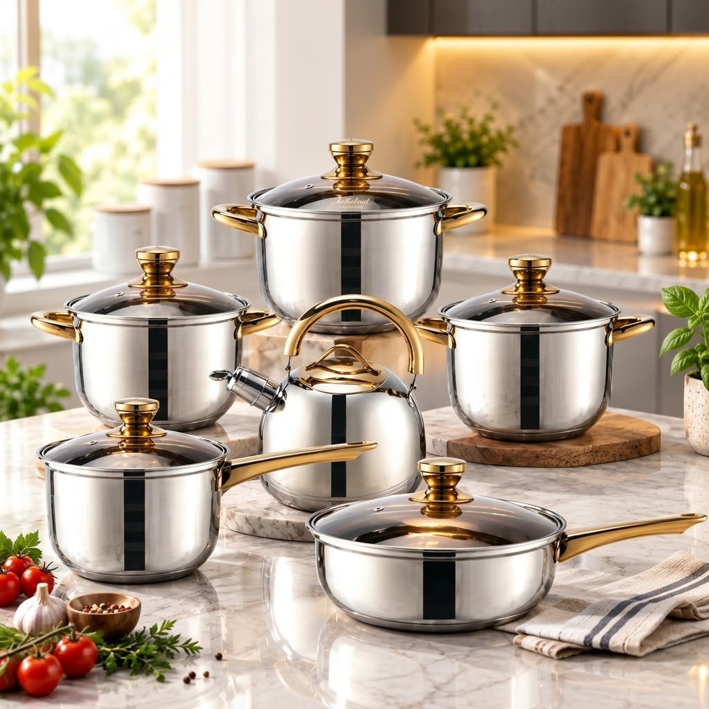 A stainless steel cookware set arranged on a marble countertop in a bright kitchen setting. The set includes multiple pots and a teapot with gold-toned handles and lids, along with glass lids.
