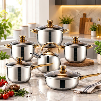 A stainless steel cookware set arranged on a marble countertop in a bright kitchen setting. The set includes multiple pots and a teapot with gold-toned handles and lids, along with glass lids.