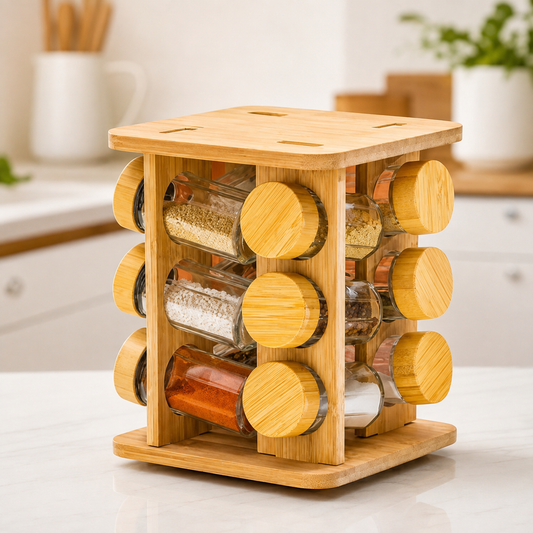 
360 degree rotating bamboo spice organizer for kitchen