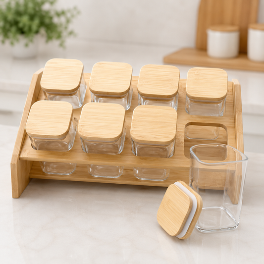 High Borosilicate Glass Airtight Jar Set with Bamboo Stand | Food Storage & Kitchen Organizer