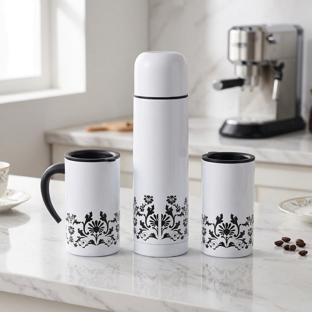 Black and white vacuum flask with mug set