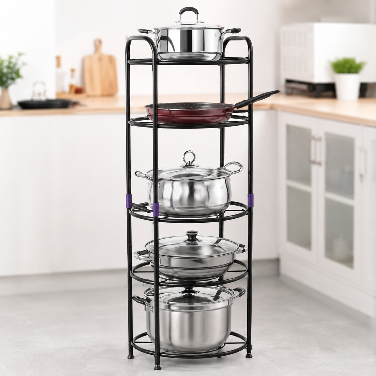 
Black metal kitchen cabinet pot and pan organizer