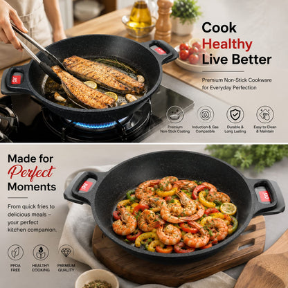 
Black speckled non-stick griddle pan with heat-resistant handles