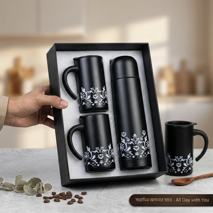 Black white thermos flask and mug set