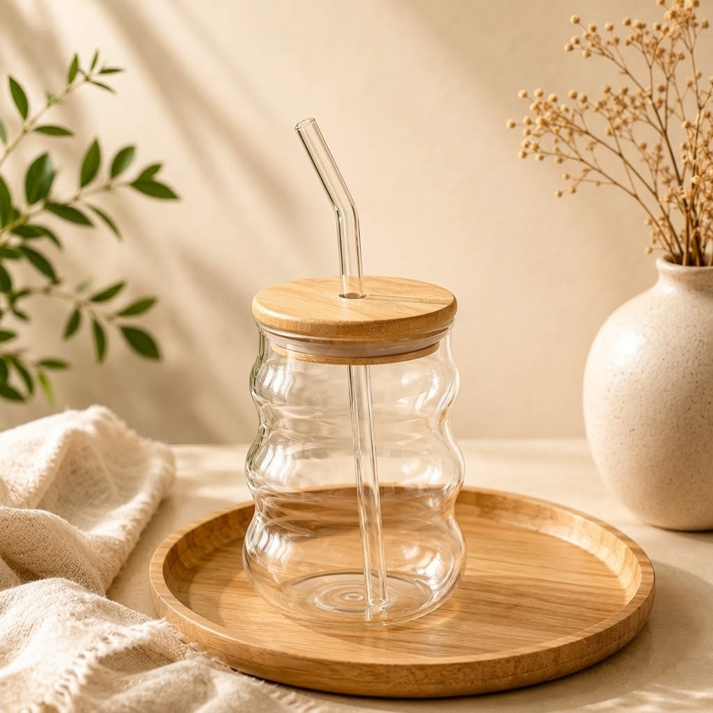 Borosilicate glass cup with lid and reusable straw