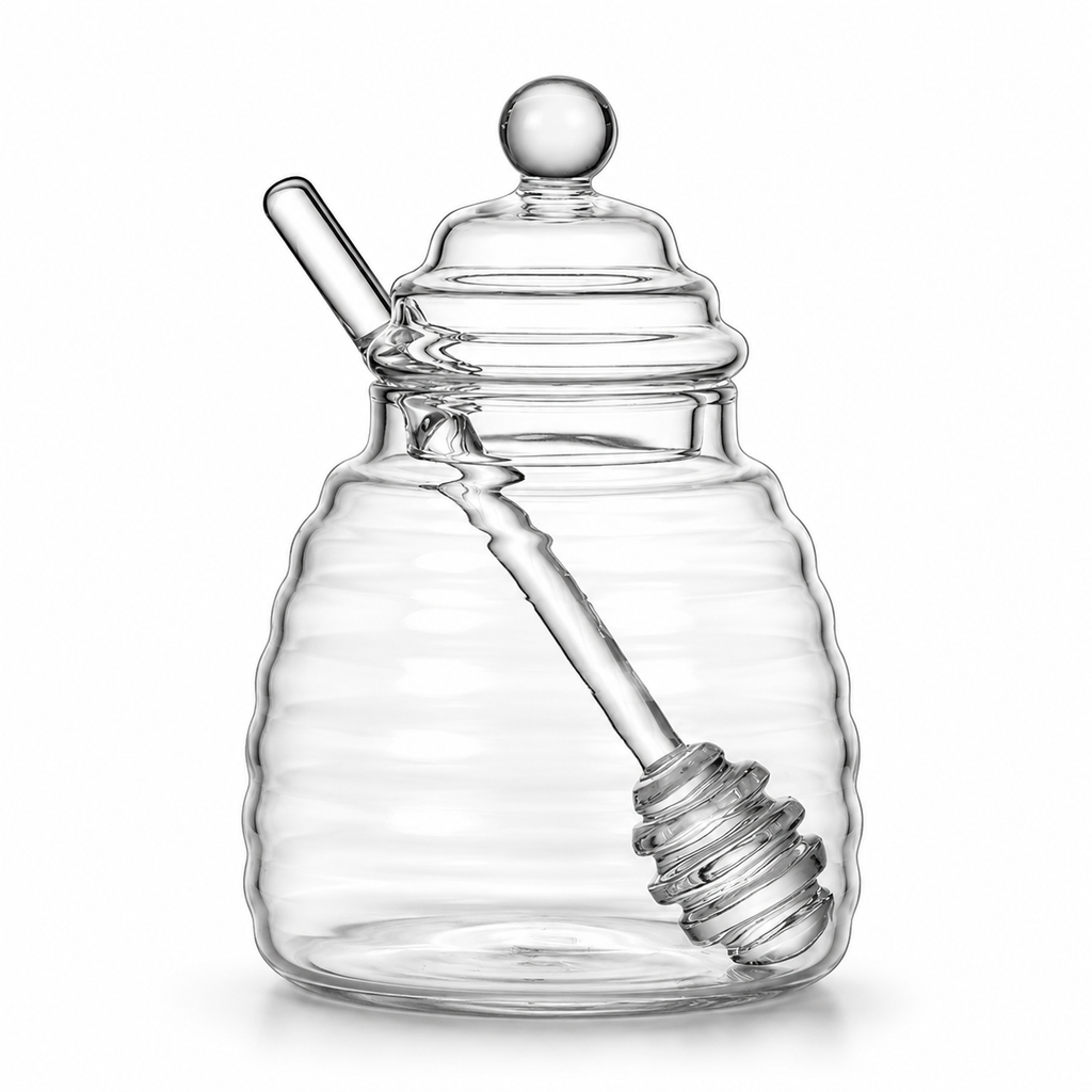 Handmade borosilicate glass honey jar with dipper