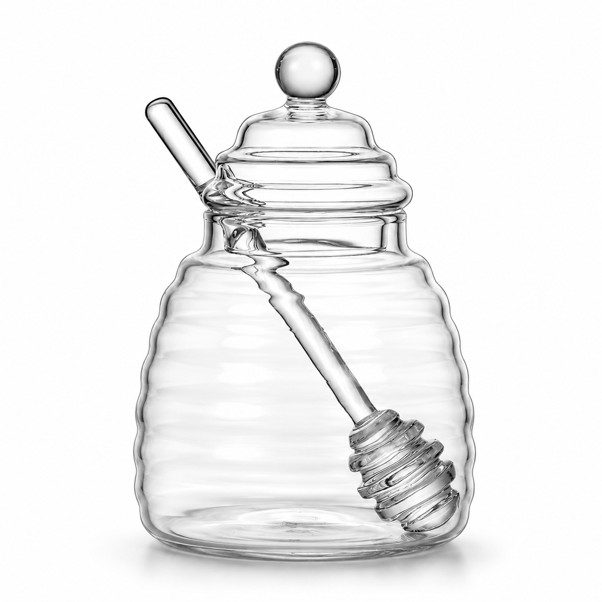 Handmade borosilicate glass honey jar with dipper