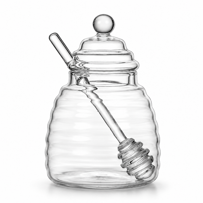 Handmade borosilicate glass honey jar with dipper