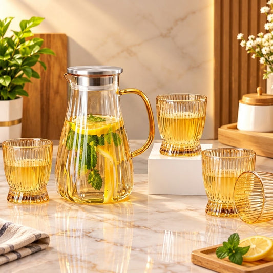 Heat-resistant glass water jug set with four matching drinking cups