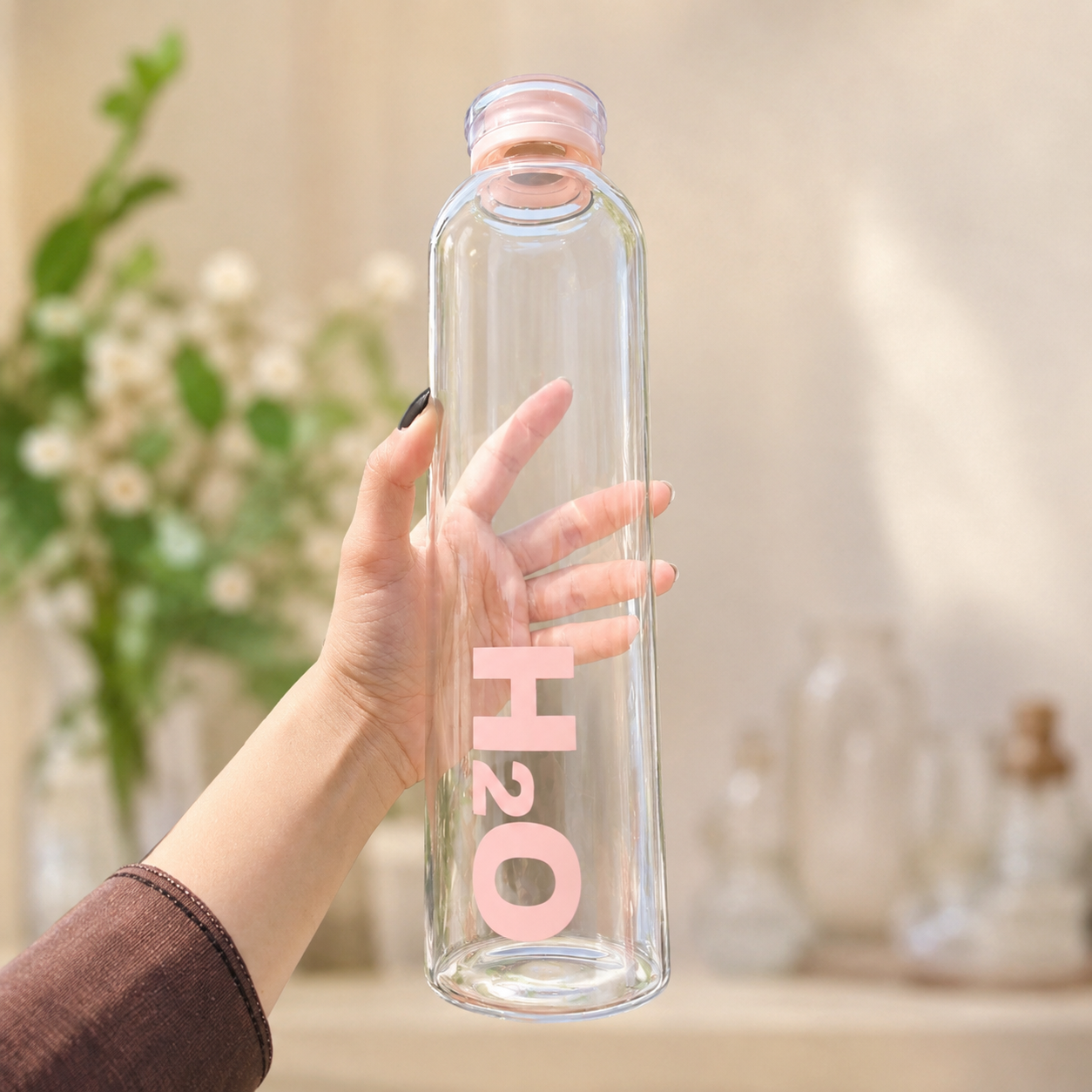
Modern H2O glass bottle for office and school