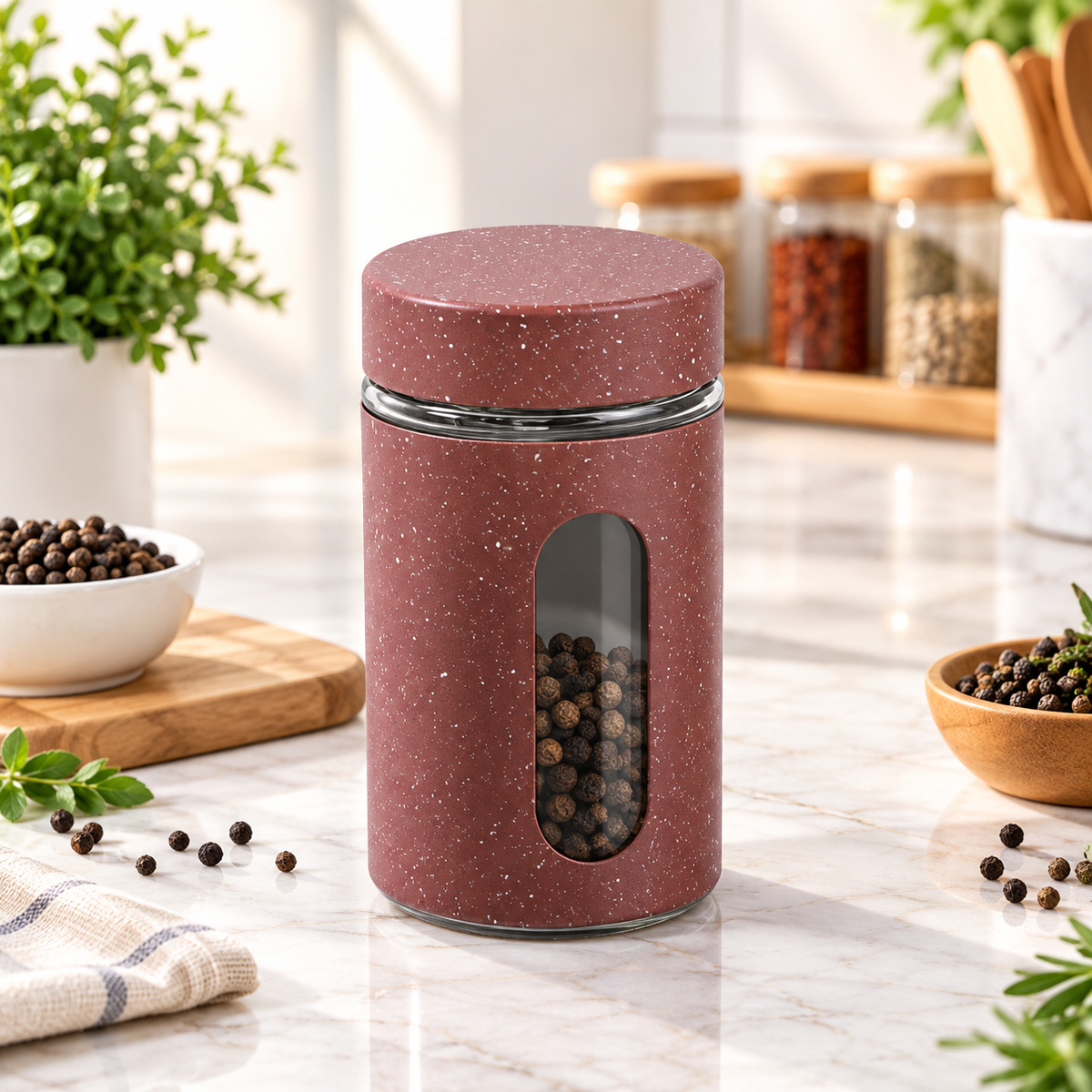 Compact glass salt shaker with metal top
