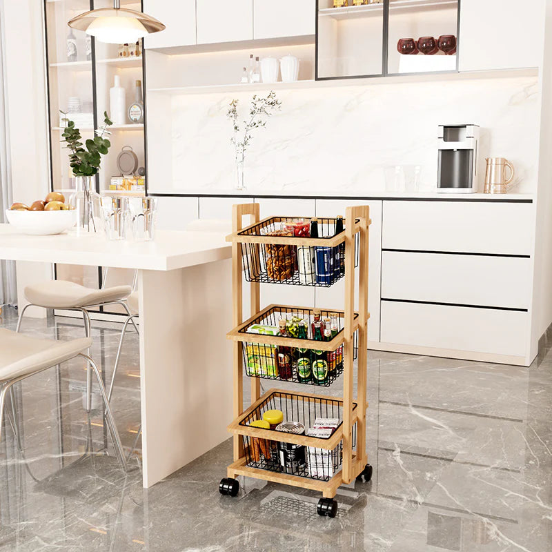 Modern Minimalist Beech Wood & Iron Storage Shelf | 3-Basket Movable Rectangular Organizer for Living Room