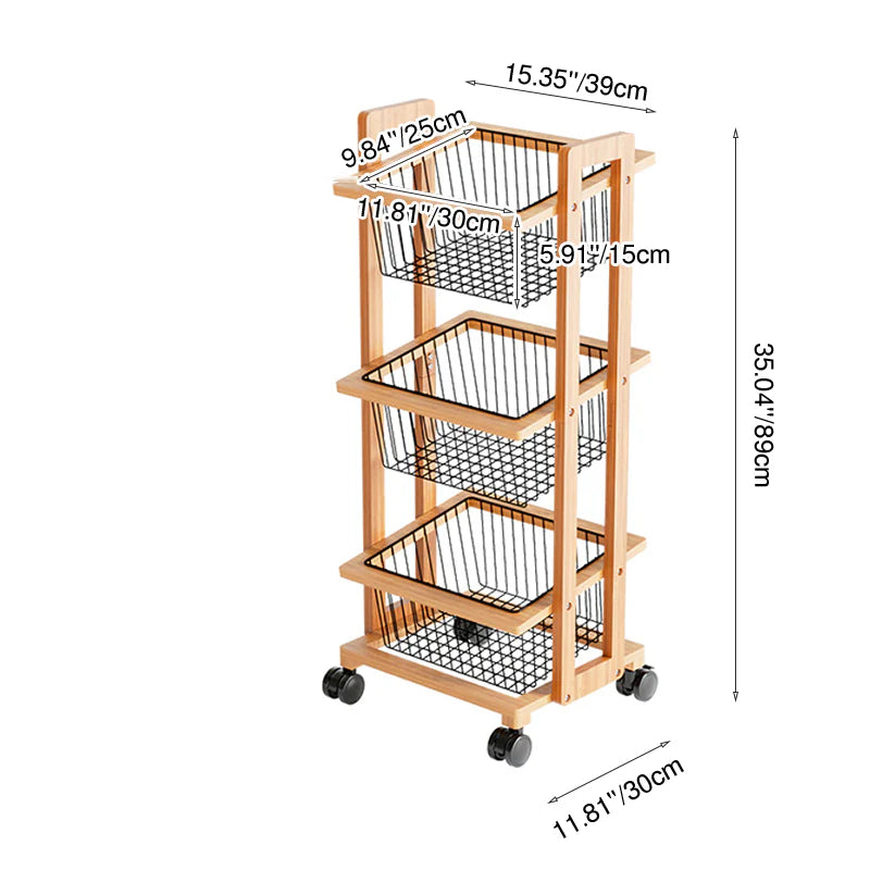 Modern Minimalist Beech Wood & Iron Storage Shelf | 3-Basket Movable Rectangular Organizer for Living Room