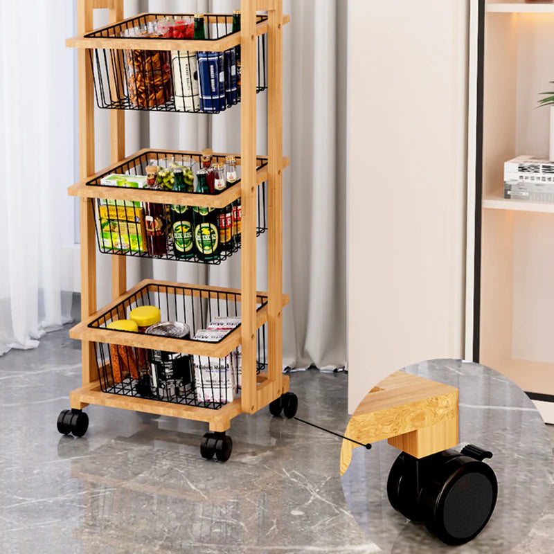 Modern Minimalist Beech Wood & Iron Storage Shelf | 3-Basket Movable Rectangular Organizer for Living Room