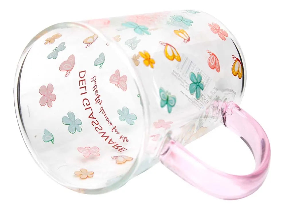 Flower Printing Glass Water Cup with Colored Handle – Elegant Heat Resistant Borosilicate Mug