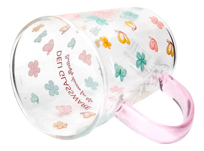 Flower Printing Glass Water Cup with Colored Handle – Elegant Heat Resistant Borosilicate Mug