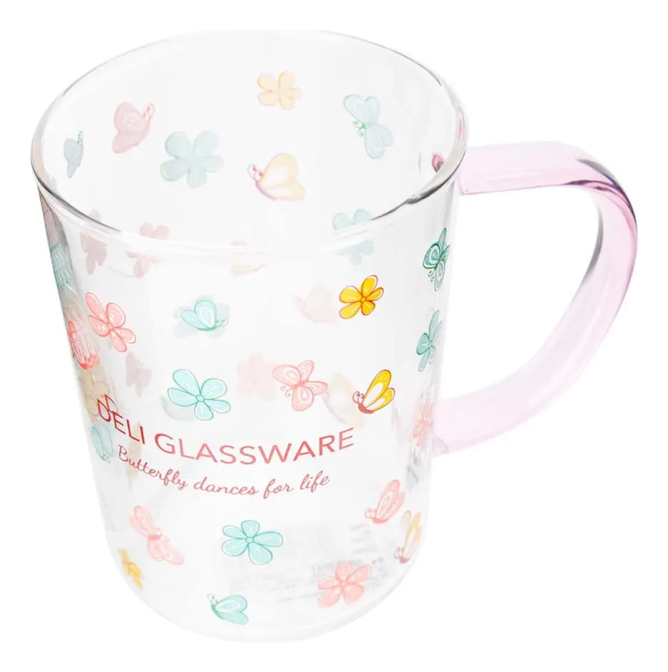 Flower Printing Glass Water Cup with Colored Handle – Elegant Heat Resistant Borosilicate Mug