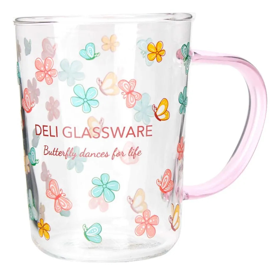 Flower Printing Glass Water Cup with Colored Handle – Elegant Heat Resistant Borosilicate Mug