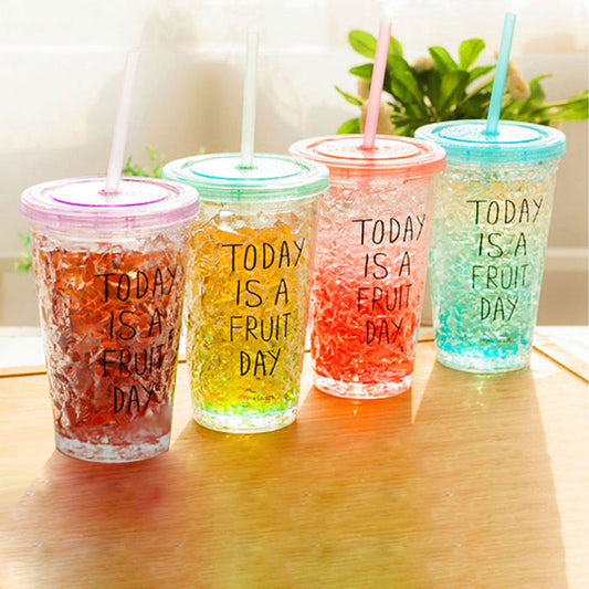 Double plastic straw cups with flat lids in colorful design