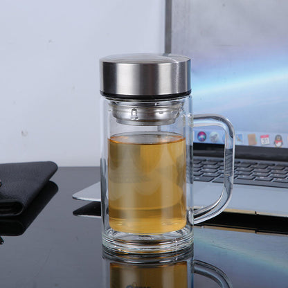 
Double wall insulated glass travel tea mug