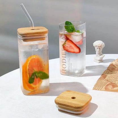 
Eco-friendly glass cup with bamboo lid and straw
