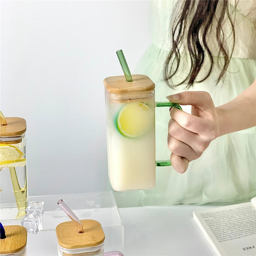 Eco-friendly glass drink cup with lid and reusable straw
