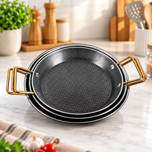 Stainless Steel Honeycomb Paella Pan with Double Handles | Non-Stick Paella & Skillet Pan for Gas & Induction (24cm, 26cm, 28cm)