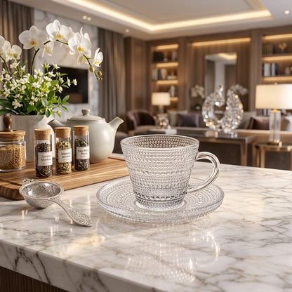 Elegant textured clear glass tea cup set