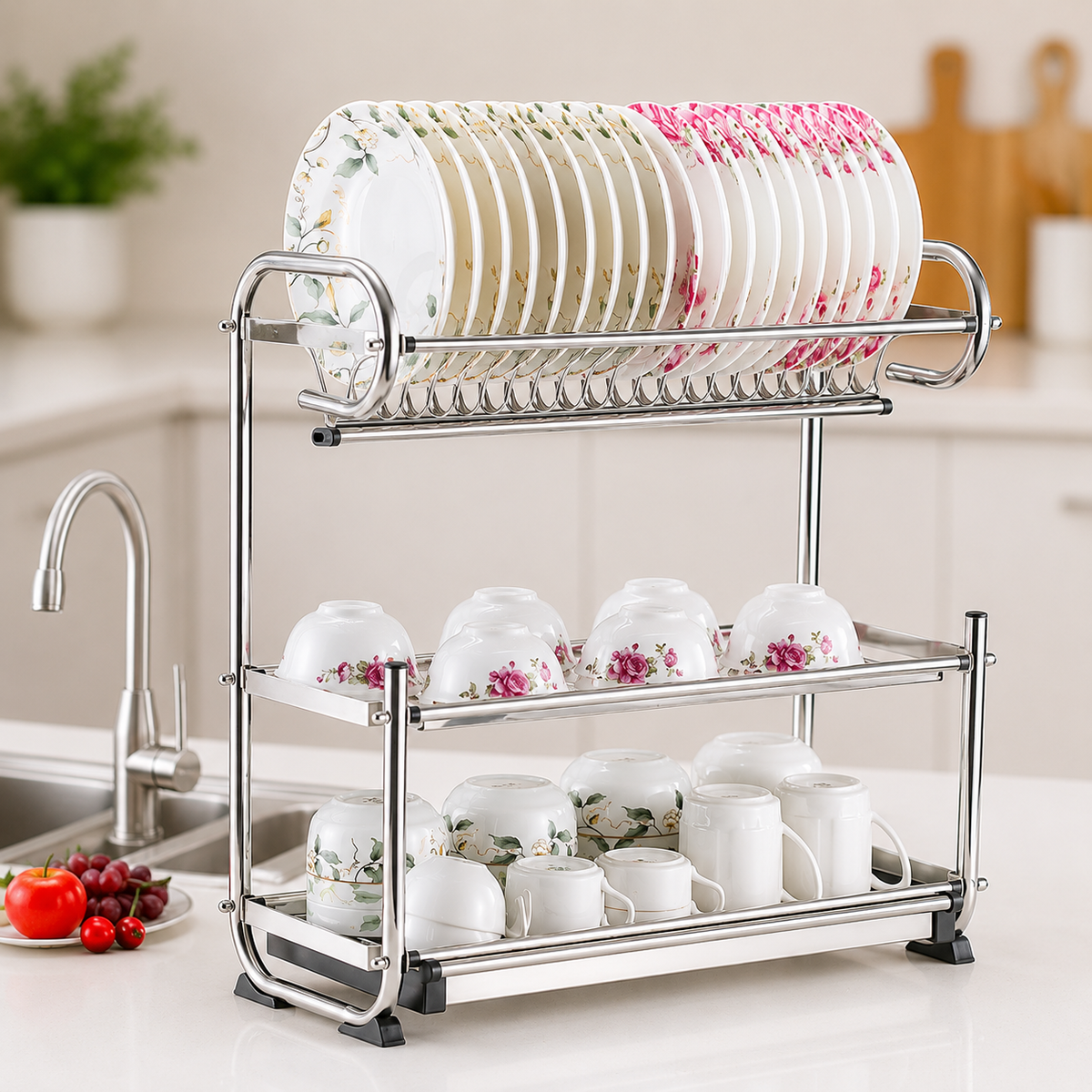 3-Tier 201 Stainless Steel Dish Rack with Drain Tray