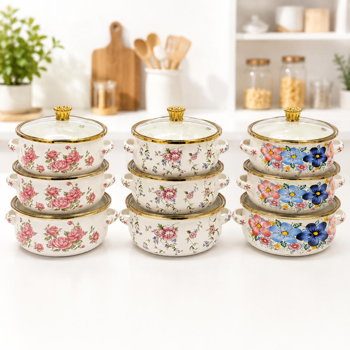 3-piece enamel cooking pot set with glass lids