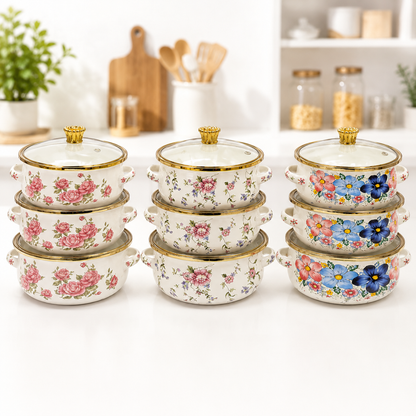 3-piece enamel cooking pot set with glass lids