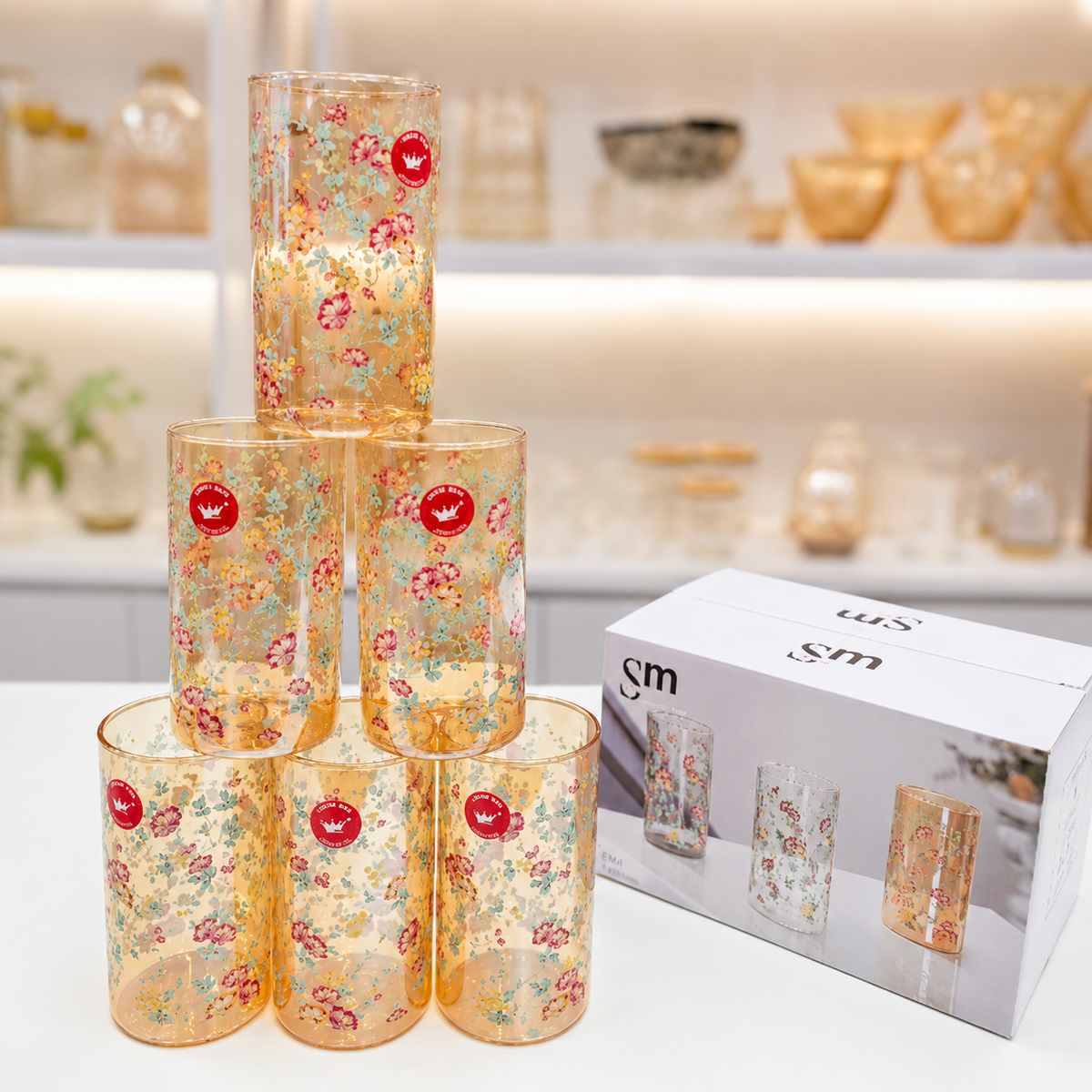 Floral print high heat resistant glass set 350ml 6 pieces