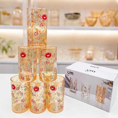 Floral print high heat resistant glass set 350ml 6 pieces