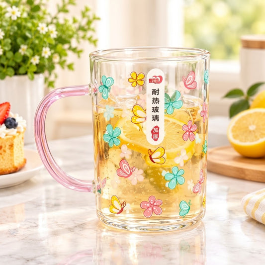 Flower printed borosilicate glass cup with colored handle