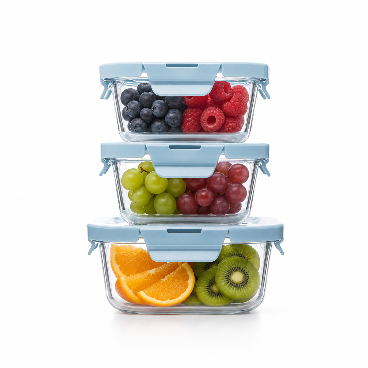 Fresh fruit storage containers stacked neatly