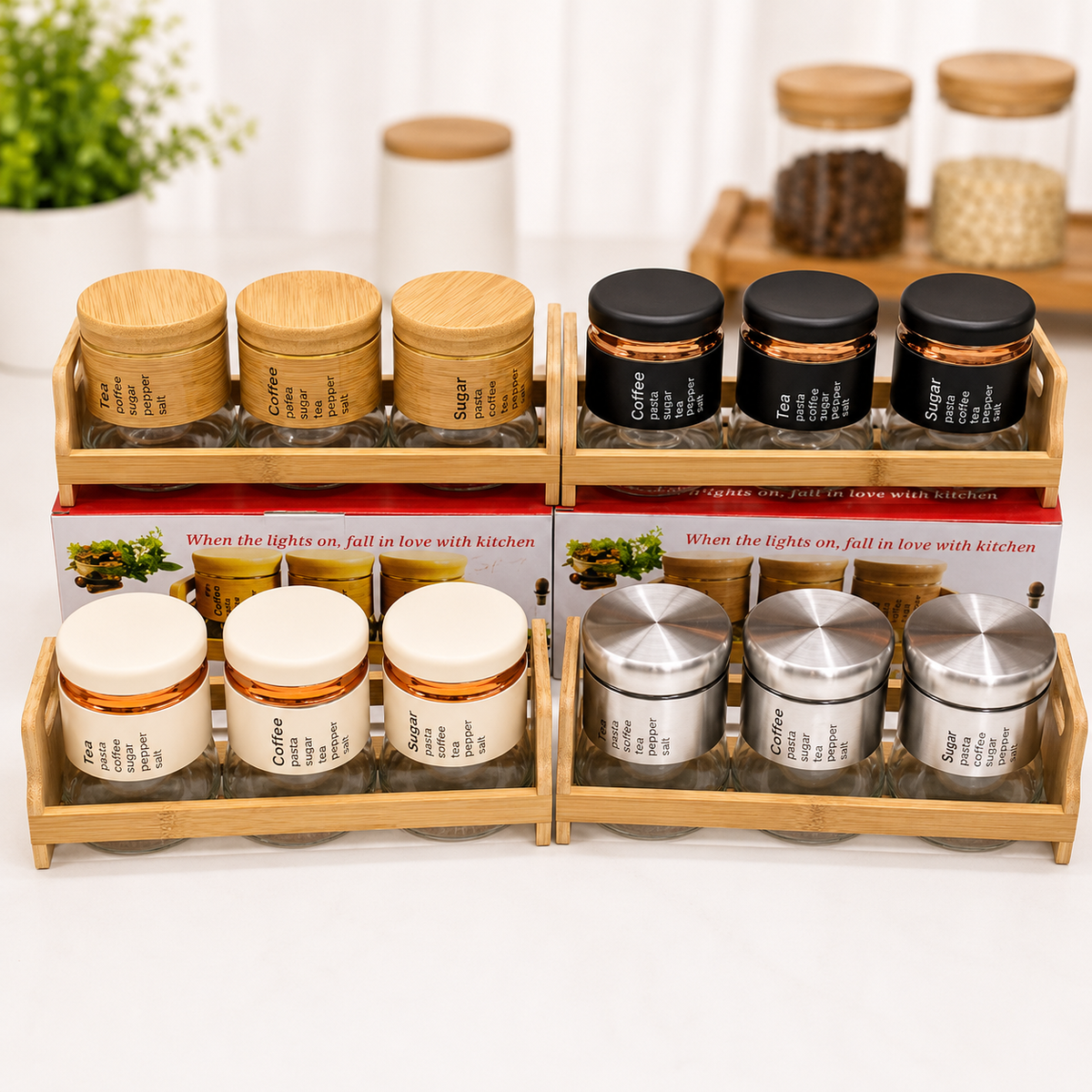 
Glass Spice Storage Containers with Natural Bamboo Holder
