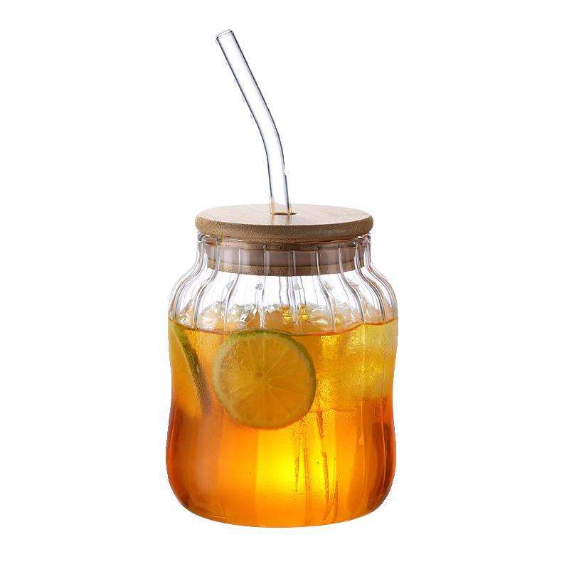 
Glass cup with bamboo lid for coffee and iced drinks