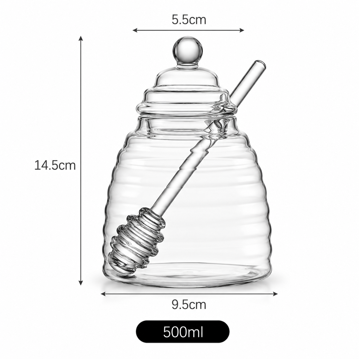 300ml Handmade Honey Jar with Dipper | Borosilicate Honeycomb Glass Storage Jar