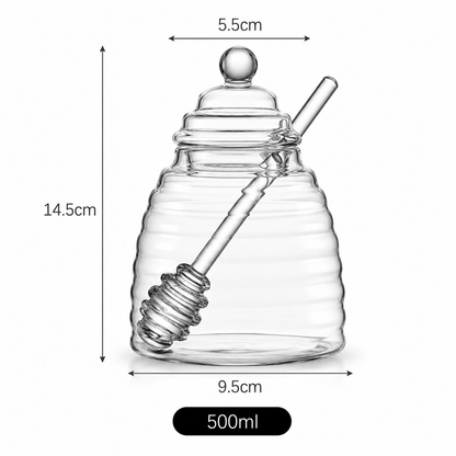 300ml Handmade Honey Jar with Dipper | Borosilicate Honeycomb Glass Storage Jar